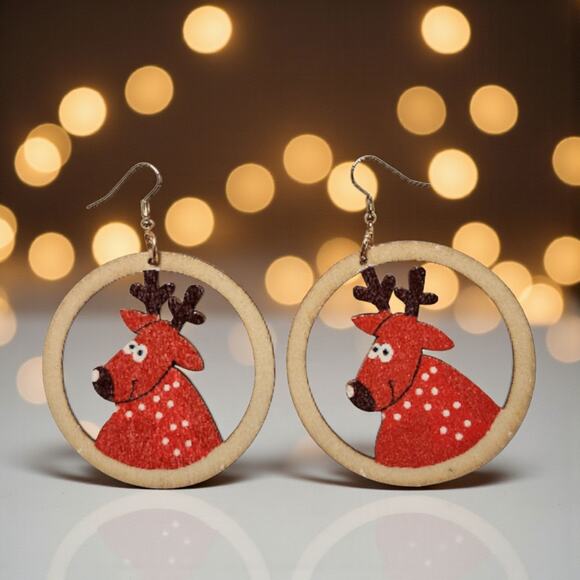 Round Wood Reindeer Christmas Earrings – Lightweight Holiday Jewelry 2.3" x 3.2" - Picture 6 of 6